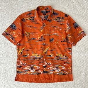 Polo Sport Ralph Lauren Orange Hawaiian Marlin Fishing Print Men’s Shirt Large